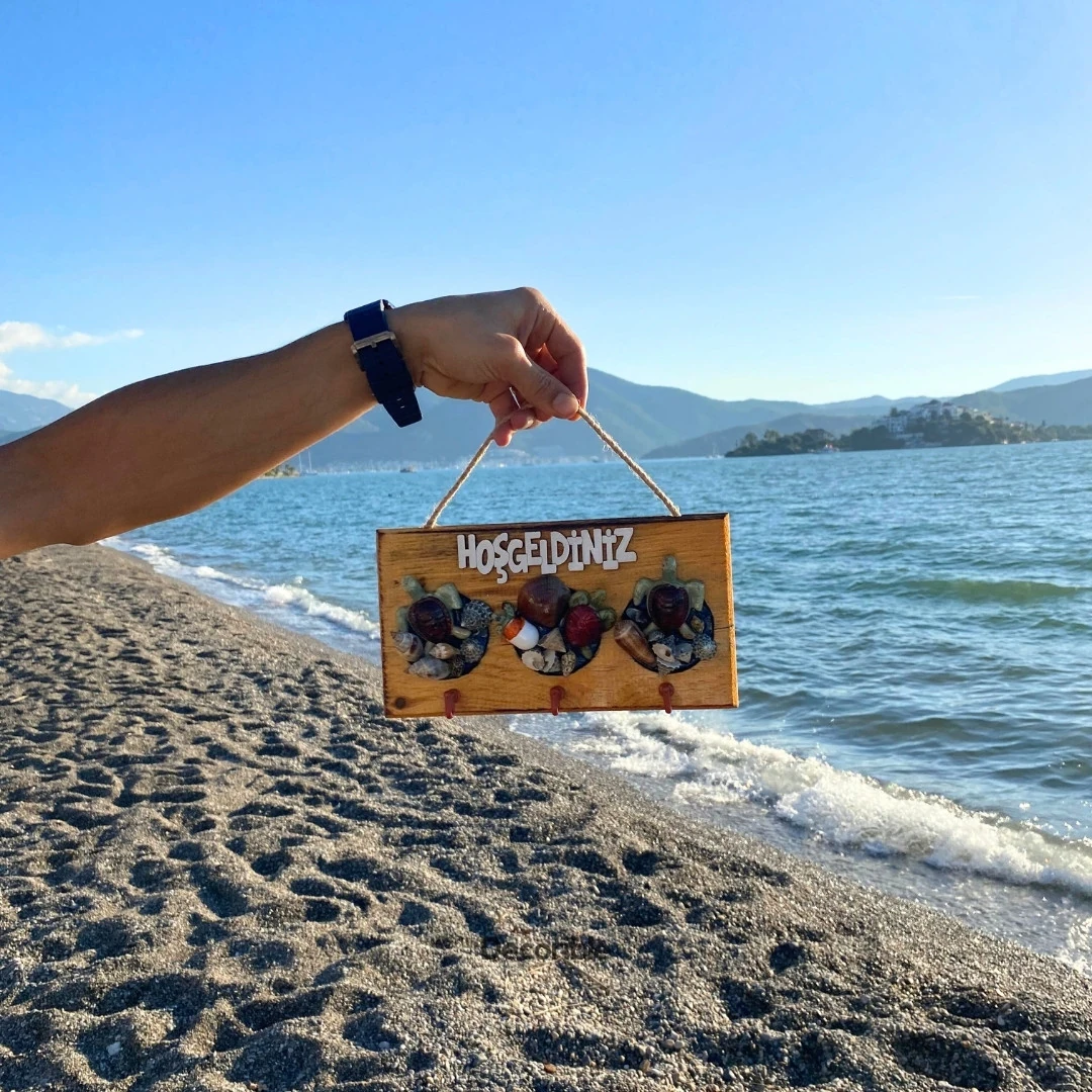 Hoşgeldiniz Deniz Kabuklu El Yapımı Ahşap Anahtarlık Askısı